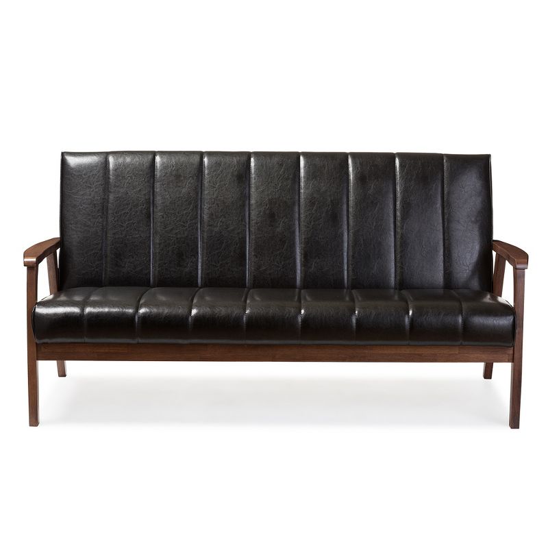 Nikko Mid-Century Modern Scandinavian Style Faux Leather Wooden 3 Seater Sofa - Baxton Studio, 3 of 6