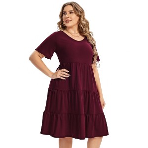 Women's Plus Size V Neck Short Sleeve A Line Ruffle Hem Babydoll Flowy Dress - 1 of 4