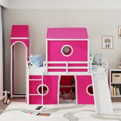 NicBex Full Size Bunk Bed Castle Shape Loft Bed Pine Bed Frame with Movable Tower, Tent, Slide, Ladder and Guardrail, No Box Spring Required