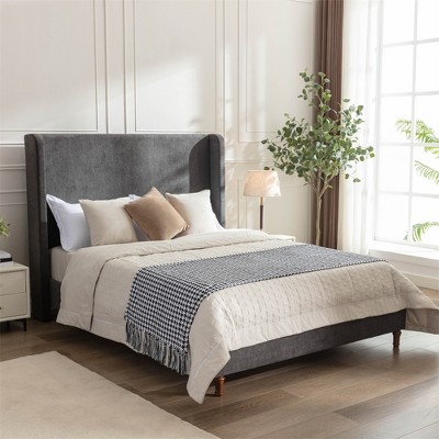 Queen Size Bed Frame, 54" Tall Headboard Wingback Upholstered Bed, Platform Bed Frame, Wooden Slats Support, No Box Spring Needed, Bedroom Furniture