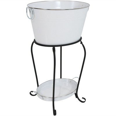 Sunnydaze 7.5 Gallon Smooth Galvanized Steel Ice Bucket Beverage Holder and Cooler with Stand and Tray