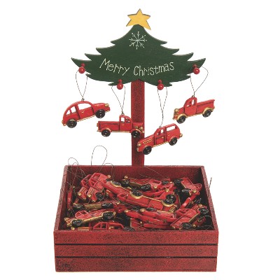 Transpac Resin Red Truck Ornaments w/Plywood Crate Display Home Decorations Christmas