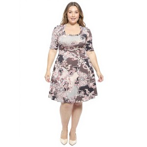 24seven Comfort Apparel Plus Size Paisley Scoop Neck Elbow Sleeve Knee Length A-Line Dress