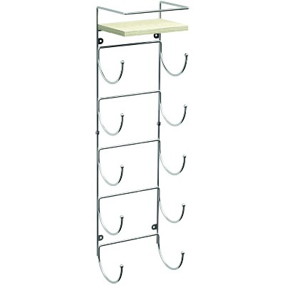 Silver Wall Mounted 5-Tier Metal Towel Rack with Wooden Shelf