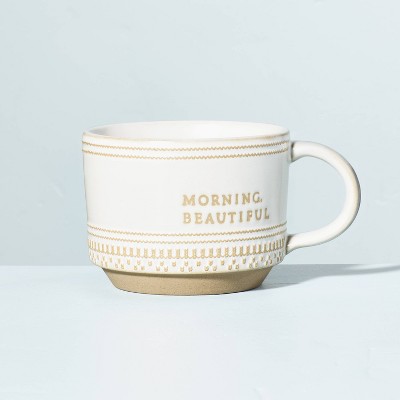 15oz Stoneware Morning Beautiful Decorative Trim Mug Cream/Clay - Hearth & Hand™ with Magnolia