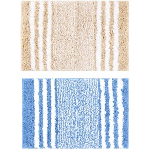 Unique Bargains 2 Pcs Striped Microfiber Extra Soft and Absorbent Fluffy Non-Slip Bathroom Floor Mats - 1 of 4