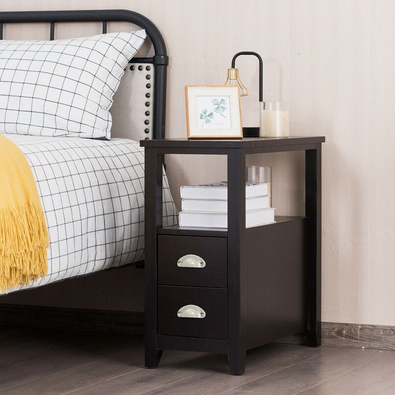 Costway Set of 2 End Bedside Table Rectangular Nightstand W/ 2 Drawers & Shelf Espresso, 3 of 11