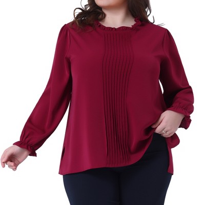 Agnes Orinda Women's Plus Size Pleated Long Sleeve Crew Neck Office Elegant Blouse