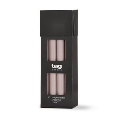 TAG Color Studio 10" Straight Taper Unscented Smokeless Paraffin Wax Candle Lavender, Burn Time 10 hrs. Set 12