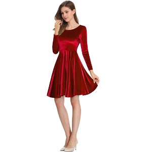 Women's Scoop Neck Wrist Sleeve Length Dress Solid Slim Flowy Swing A-Line Velvet Cocktail Party Dress - 1 of 4