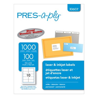PRES-a-ply Permanent-Adhesive Shipping Labels For Laser and Inkjet Printers, 2 x 4 Inches, White, Box of 1000