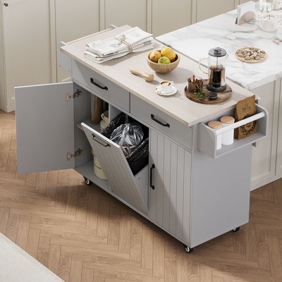 Mobile Kitchen Island Cart with Built-in Trash Bin, Folding Drop Leaf, Spice Storage, Towel Holder, Drawer, and Customizable Shelf