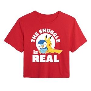 Women's - Pokémon - The Snuggle Is Real Pikachu And Piplup Cropped Graphic T-Shirt - 1 of 4