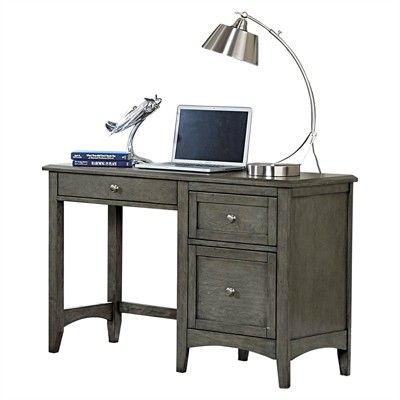 Gray Birch Wood Writing Desk with Keyboard Tray and Drawers