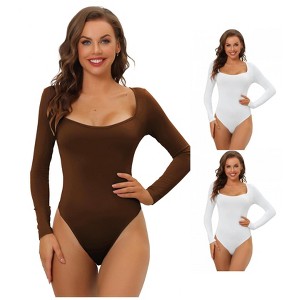 Allegra K Women's Long Sleeve Slim Fit Stretchy Square Neck Leotard Jumpsuit 3 Packs - 1 of 4