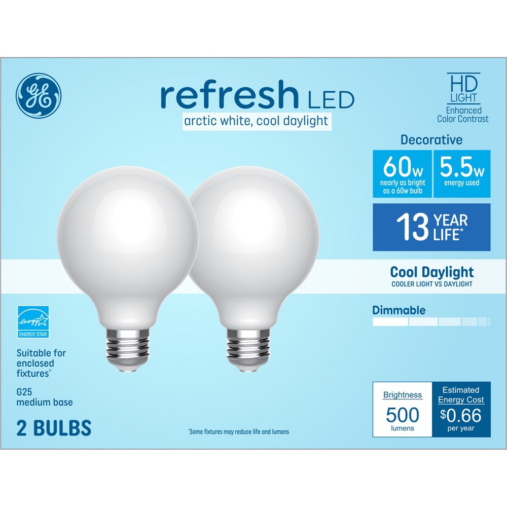 GE 2pk 60W G25 LED Globe Light Bulbs Cool Daylight: Unique Frosted Round, Dimmable, Energy Star Certified, E26 Base