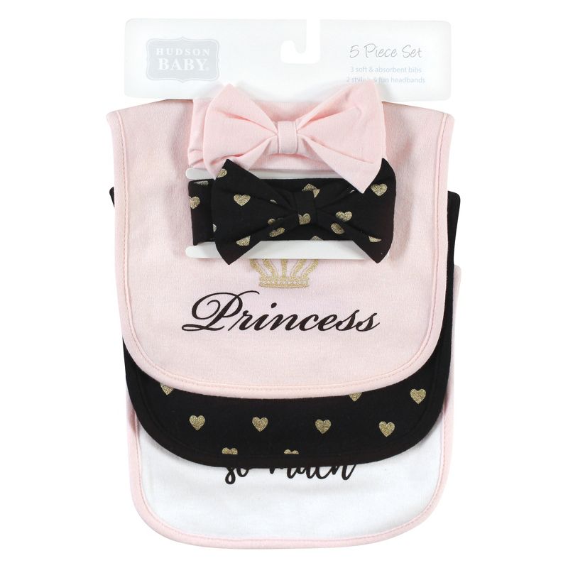 Hudson Baby Infant Girl Cotton Bib and Headband or Caps Set, Daddys Princess, One Size, 2 of 6