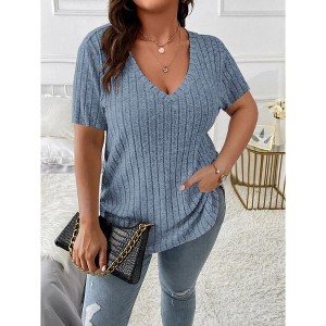 Coolmee Women's Plus Size Tops Ribbed Knit Loose Fit Basic Blouse U Hem V Neck Solid Color Shirts Short Sleeve Casual Blouses 4XL Light Blue - 1 of 2