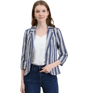Allegra K Women's Striped 3/4 Sleeves Open Front Casual Notched Lapel Blazer - 1 of 4