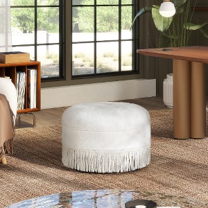 Lyngins Vintage Tassel Fringe Ottoman Bench, 24" Round Upholstered Accent Ottoman, Woven Fabric Foot Stool, Entryway Bench for Home - 1 of 4
