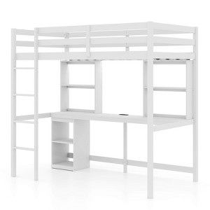 Costway Twin Loft Bed with LED Light & Power Outlet Desk Storage Shelves & Cabinet - 1 of 4