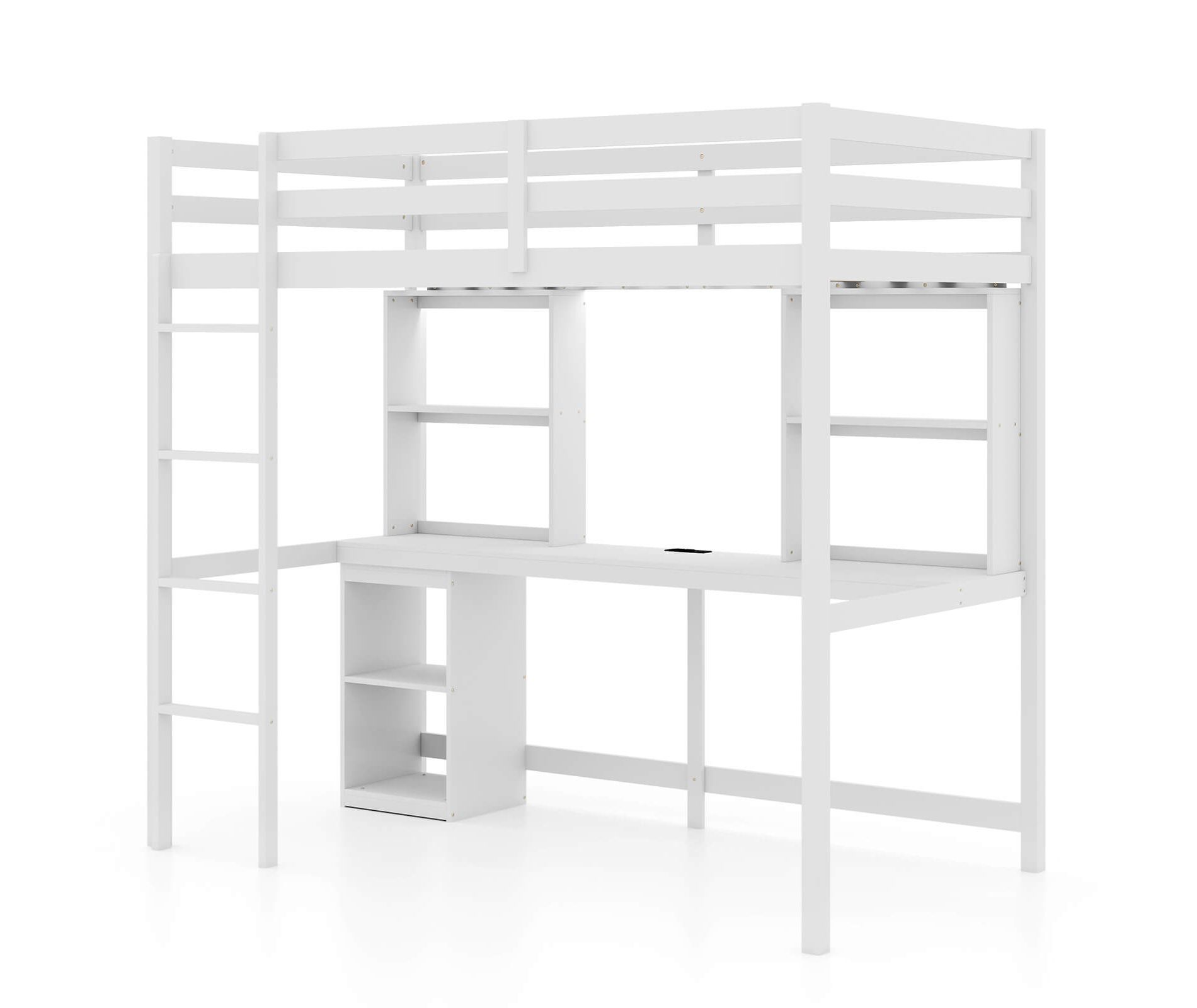 Costway Twin Loft Bed with LED Light & Power Outlet Desk Storage Shelves & Cabinet