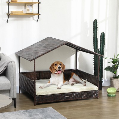 Cream White Outdoor Wicker Dog Sofa Bed with Canopy