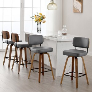 Bekrvio 26"/29" Mid-Century Modern Swivel Bar Stools Set of 1/2/3/4- Faux Leather Upholstered with Back and Bent Wood Legs,Ideal for Kitchen Island - 1 of 4