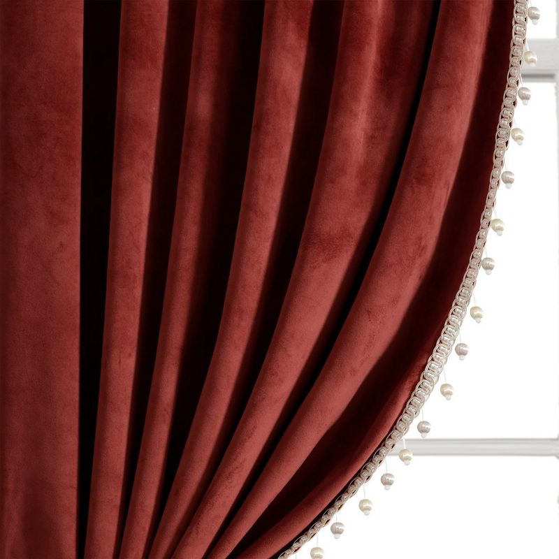 Luxury Vintage Velvet With Silky Pompom Trim Light Filtering Window Curtain Panel Rust Single 52X84, 1 of 6