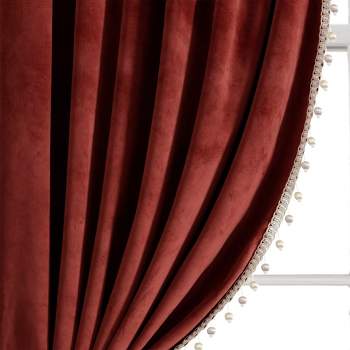 Luxury Vintage Velvet With Silky Pompom Trim Light Filtering Window Curtain Panel Rust Single 52X84