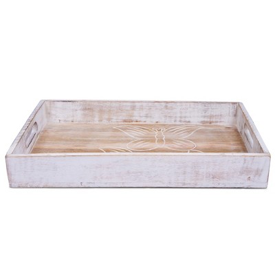 Whitewashed Mango Wood Butterfly Serving Tray with Handles