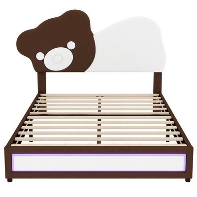 TiramisuBest Full Size Upholstered Platform Bed with Bear Shaped Headboard - Brown+White Upholstered Design