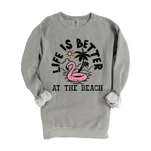 Simply Sage Market Women's  Garment Dyed Graphic Sweatshirt Better At The Beach Flamingo - 1 of 4