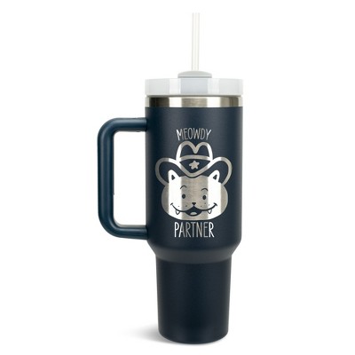 100 North Meowdy Partner Kitty Cat Cowboy Wrap-Around 40 Oz. Stainless Steel Water Bottle Coffee Mug, Spill & Leak Resistant, Travel Tumbler with