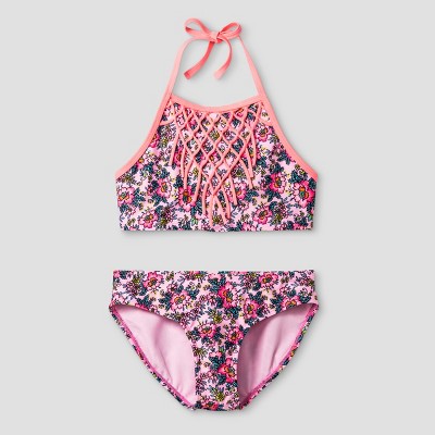 Girls' High Neck Fringe Floral Bikini 