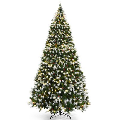 Costway 9ft Pre-lit Snowy Christmas Tree 2058 Tips w/ Pine Cones & Red Berries