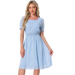 Allegra K Women's Square Neck Metallic Stars Ruffle A-Line Stretch Waist Midi Dress - 1 of 4