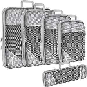 5Pcs Compression Packing Cubes Travel Cubes Organiser Bags Luggage Suitcase Organizer Bags with Double Zipper Mesh and Handle for Suitcase Backpack - 1 of 4