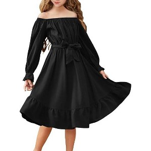 Arshiner Girls Long Sleeve Dresses Fall Party Formal Holiday Swing Flowy Ruffle Midi Dress - 1 of 4