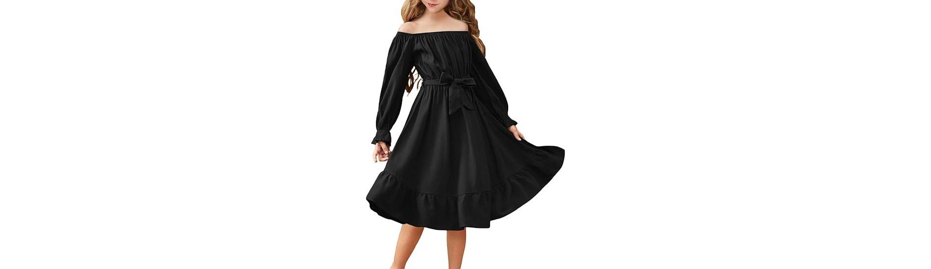 Arshiner Girls Long Sleeve Dresses Fall Party Formal Holiday Swing Flowy Ruffle Midi Dress