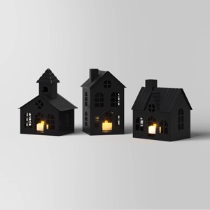 3pc Lit Metal House Decorative Christmas Figurine Set - Wondershop™ Black: Tabletop Indoor Decor, Battery-Powered - 1 of 3