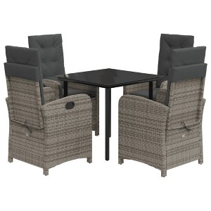 vidaXL 5 Piece Patio Dining Set with Cushions - Reclining Chairs, Gray Poly Rattan, Tempered Glass Top, Adjustable Backrest - 1 of 4