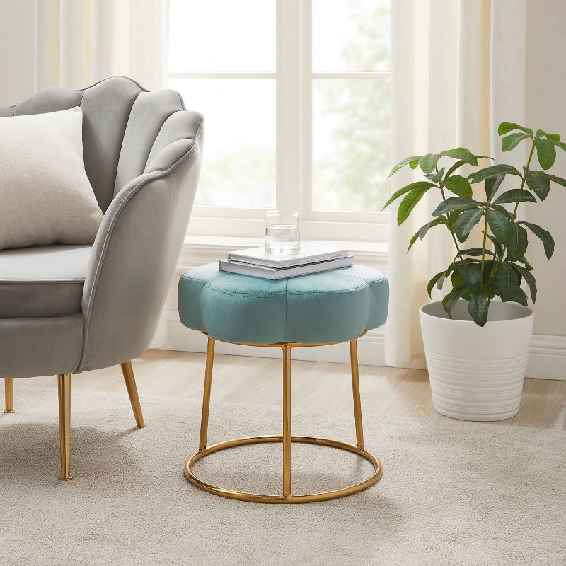 Seraphina Glam Velvet and Metal Flower Accent Vanity Stool Ottoman Teal - Linon, 3 of 11