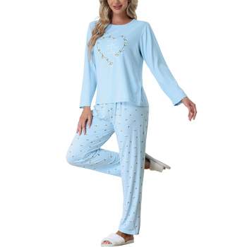cheibear Womens Sleepwear Lounge Heart Print with Pants Long Sleeve Pajama Set