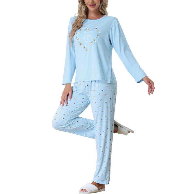 cheibear Womens Sleepwear Lounge Heart Print with Pants Long Sleeve Pajama Set, 1 of 6