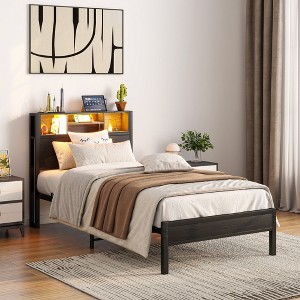 Practical & Convenient SeaCamel Full Size Metal Bed Frame: Storage Headboard w/ USB & Bookcase, Skip Box Spring, Easy Assembly, Noise-Free in Black - 1 of 4
