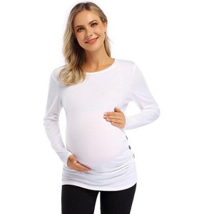 Coolmee Maternity Shirt Long Sleeve Basic Top Ruch Sides Bodycon Tshirt for Pregnant Women with Button - 1 of 4