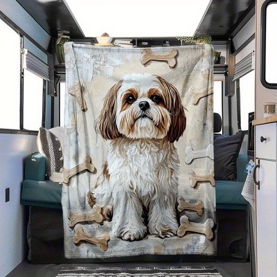 Seasonal Flannel Fleece Blanket with Dog and Bone Pattern, Soft Polyester Fabric, Throw for Sofa, Bed, Travel, Outdoor Use