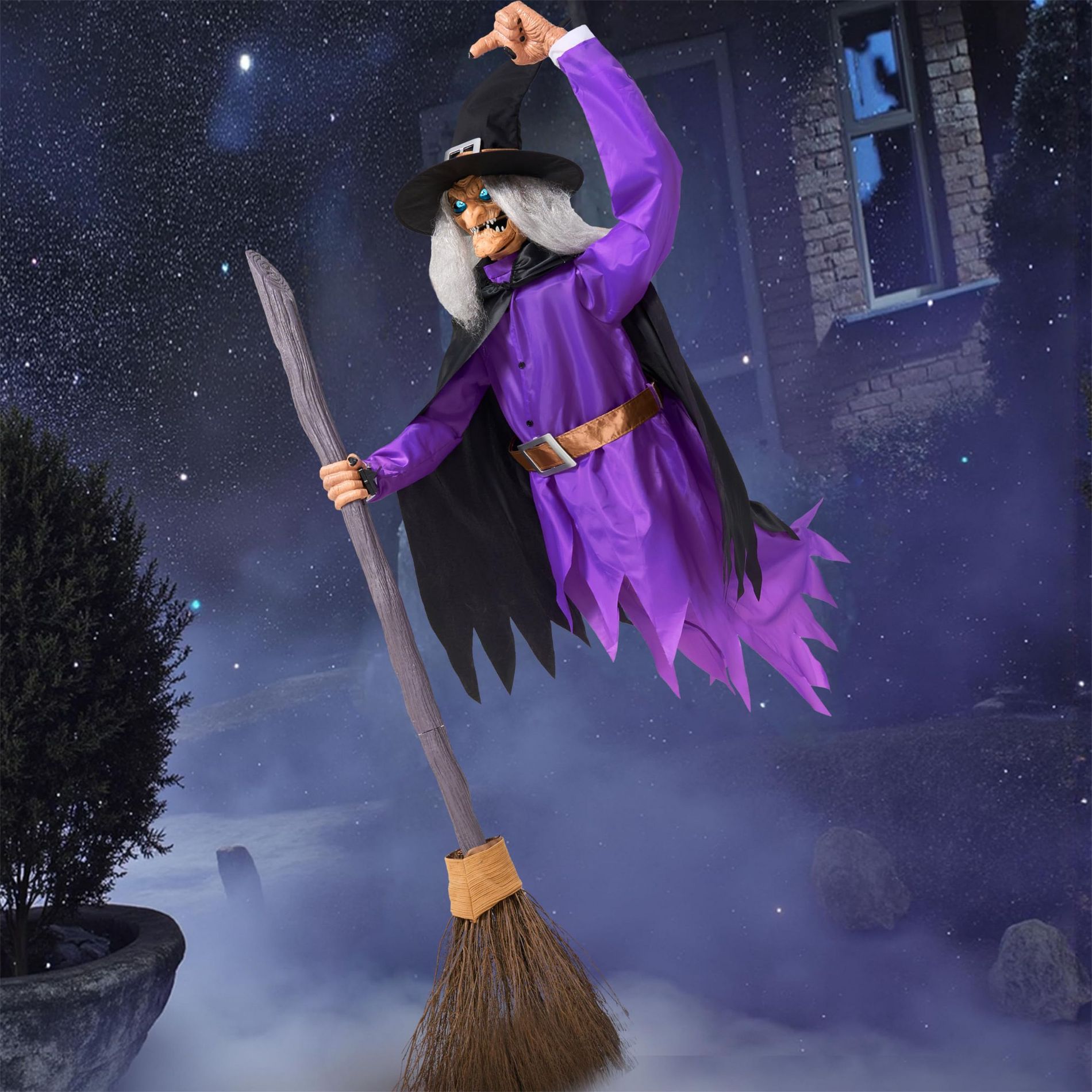 Joyfy 96'' Halloween Outdoor Decorations, Animated Flying Witch on Broom with Light Eyes and Scary Voice for Outside Yard Lawn Haunted House Decor