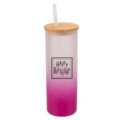 Elanze Designs Happy Birthday Polka Dots Wrap-Around Design 25 Ounce Frosted Gradient Glass On-The-Go Coffee Travel Skinny Tumbler Mug Cup, Bamboo Lid